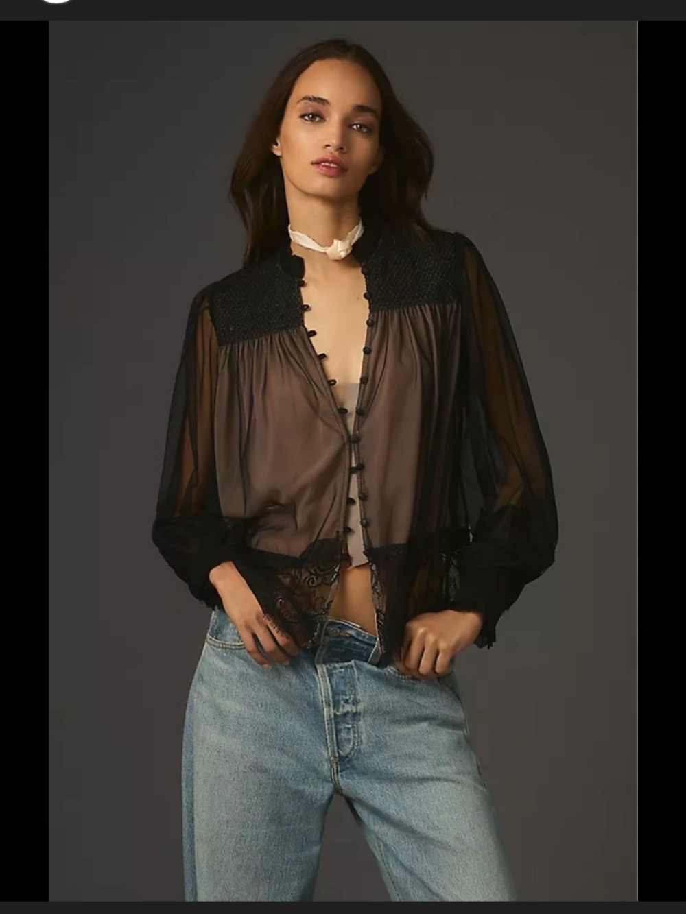 Sheer Black Lace-Trim Button Front Blouse - Women